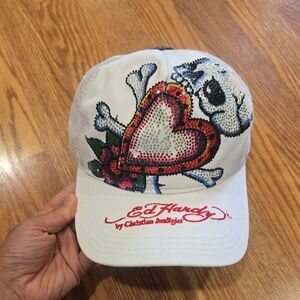 Ed Hardy White Cap with Heart and Skull Motif